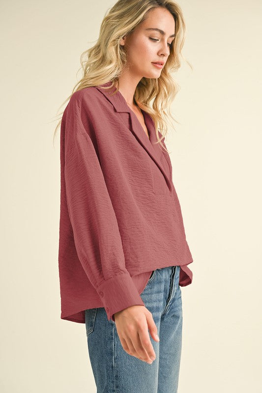 Collared Drop Shoulder Top Berry Rose