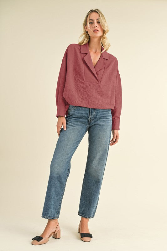 Collared Drop Shoulder Top Berry Rose