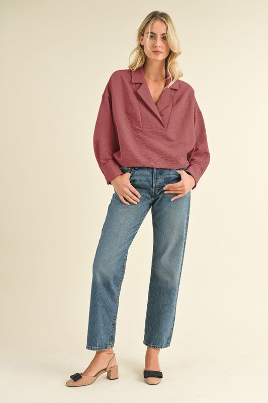 Collared Drop Shoulder Top Berry Rose