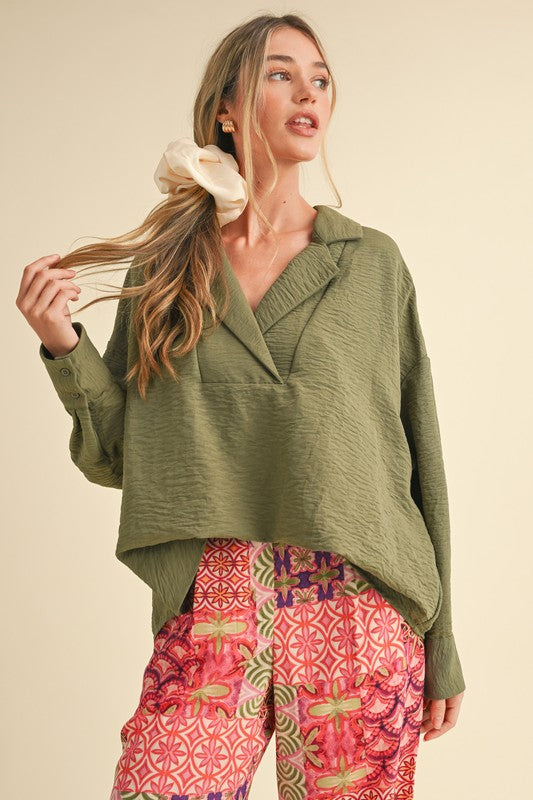 Collared Drop Shoulder Top Olive