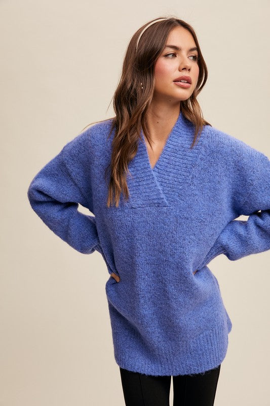 V-neck Slouchy Soft Knit Sweater Slate Blue