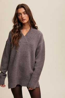 V-neck Slouchy Soft Knit Sweater Charcoal