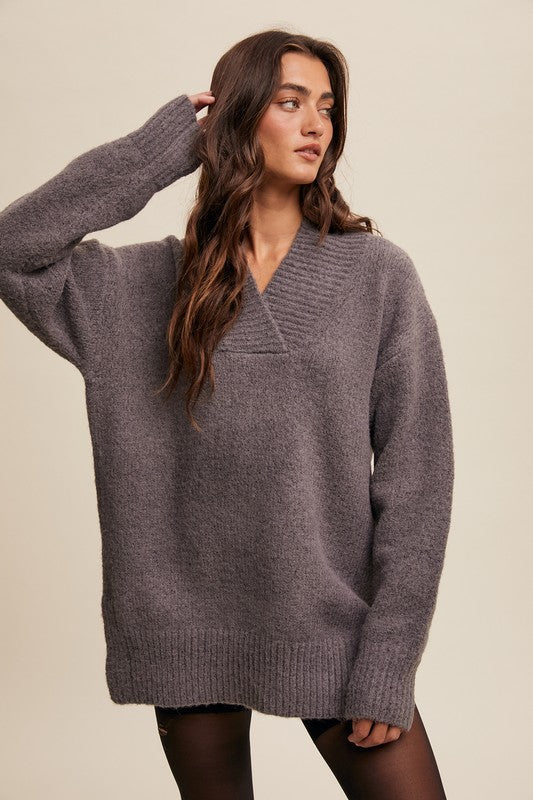 V-neck Slouchy Soft Knit Sweater Charcoal