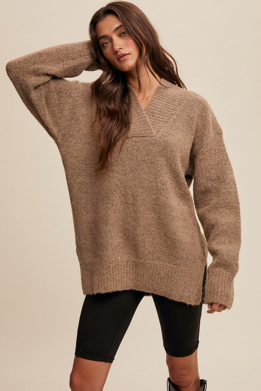 V-neck Slouchy Soft Knit Sweater Taupe