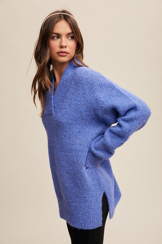 V-neck Slouchy Soft Knit Sweater Slate Blue