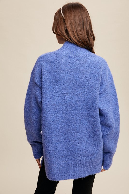 V-neck Slouchy Soft Knit Sweater Slate Blue