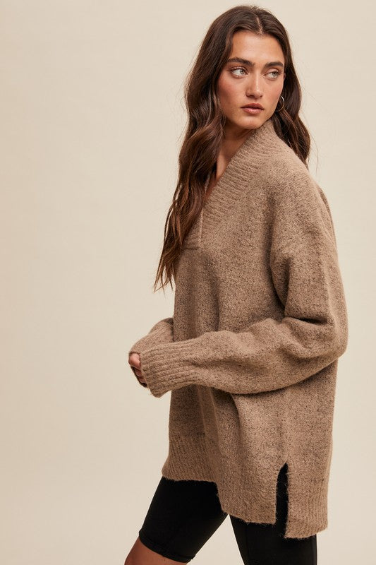 V-neck Slouchy Soft Knit Sweater Taupe