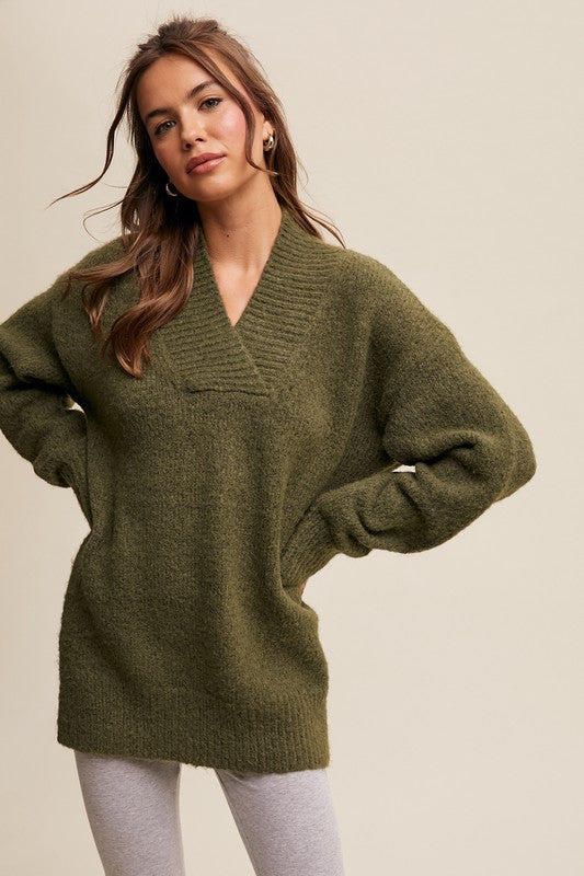 V-neck Slouchy Soft Knit Sweater Olive