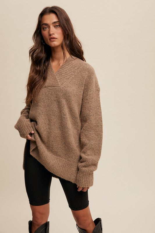 V-neck Slouchy Soft Knit Sweater Taupe