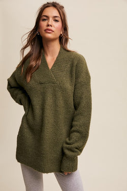 V-neck Slouchy Soft Knit Sweater Olive