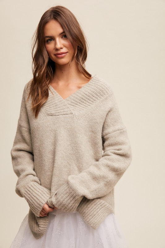 V-neck Slouchy Soft Knit Sweater Oatmeal