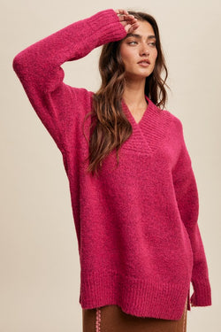 V-neck Slouchy Soft Knit Sweater Cranberry