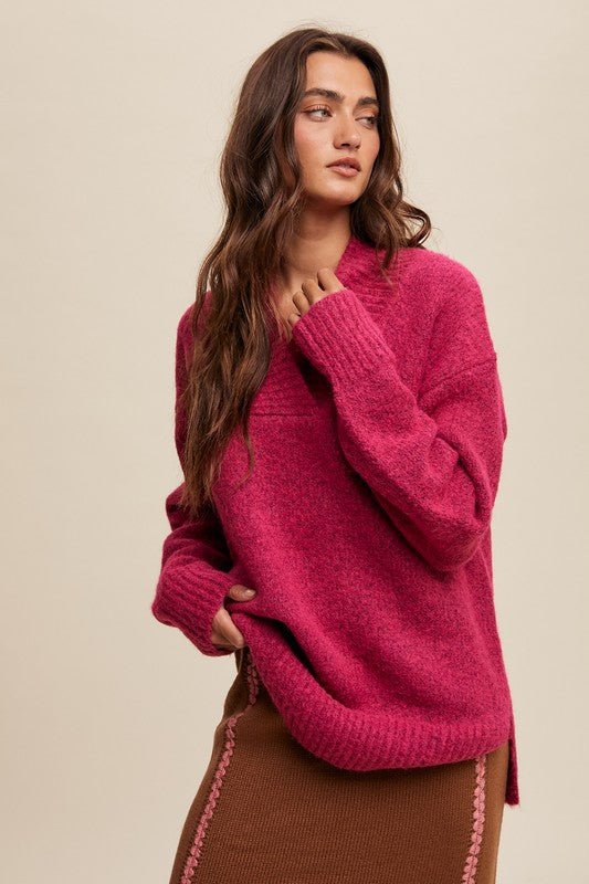 V-neck Slouchy Soft Knit Sweater Cranberry