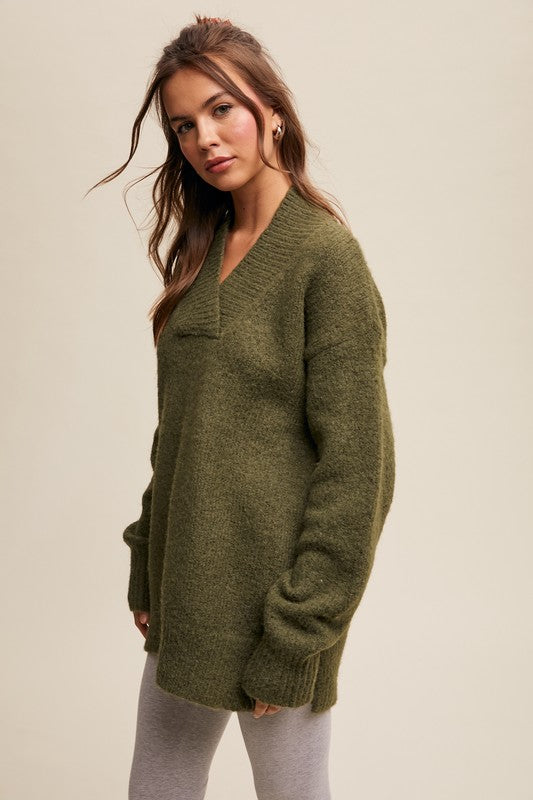 V-neck Slouchy Soft Knit Sweater Olive