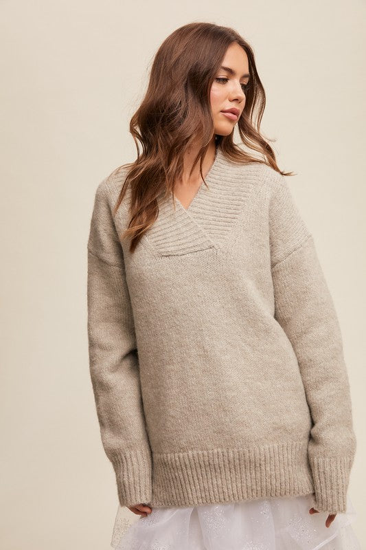 V-neck Slouchy Soft Knit Sweater Oatmeal