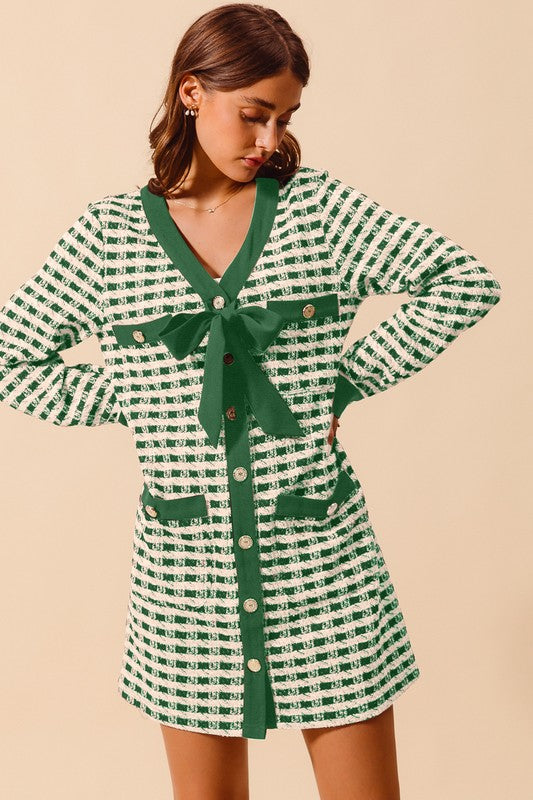 Plaid Tweed Buttoned Dress Green