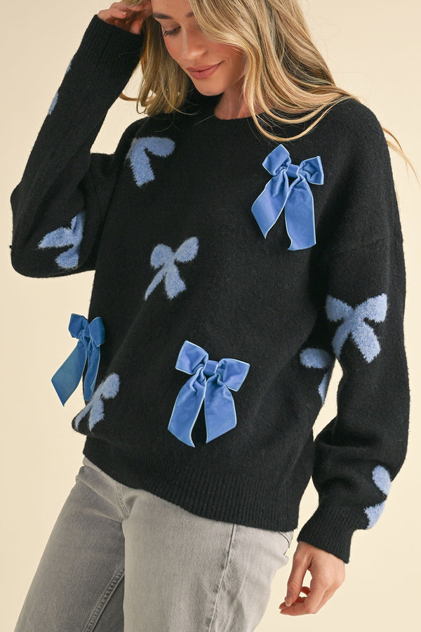 Velvet Bow Knit Sweater Black/Steel Blue