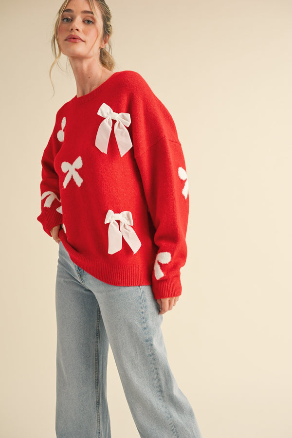 Velvet Bow Knit Sweater Red/Ivory