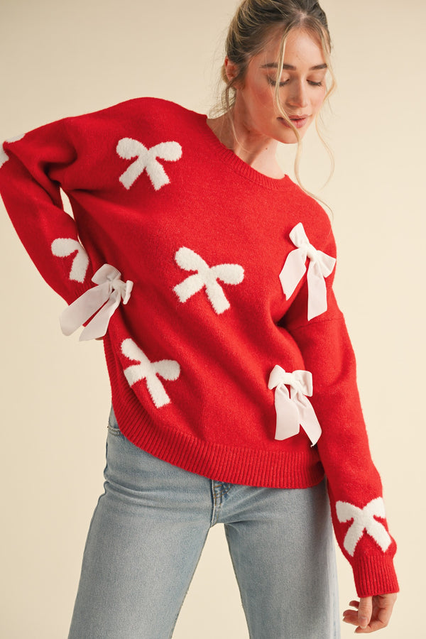 Velvet Bow Knit Sweater Red/Ivory