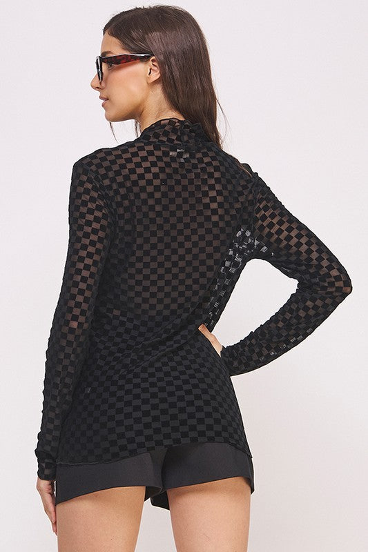 Checkered Mesh Mock Neck Top Black