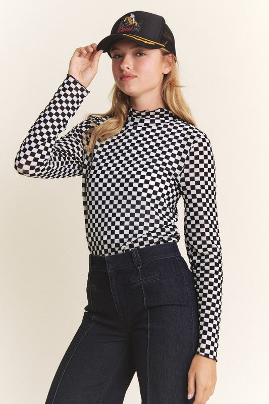 Checkered Mesh Mock Neck Top Black White