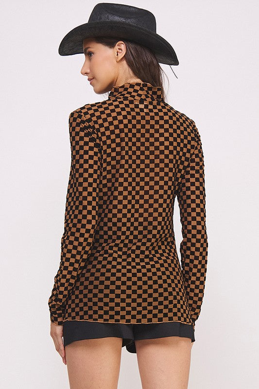 Checkered Mesh Mock Neck Top Mocha Black