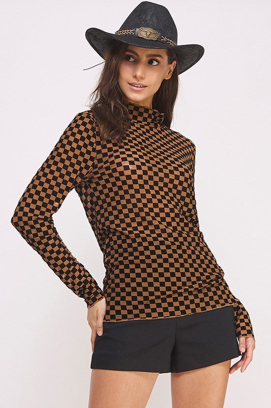 Checkered Mesh Mock Neck Top Mocha Black