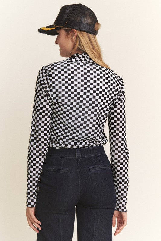 Checkered Mesh Mock Neck Top Black White