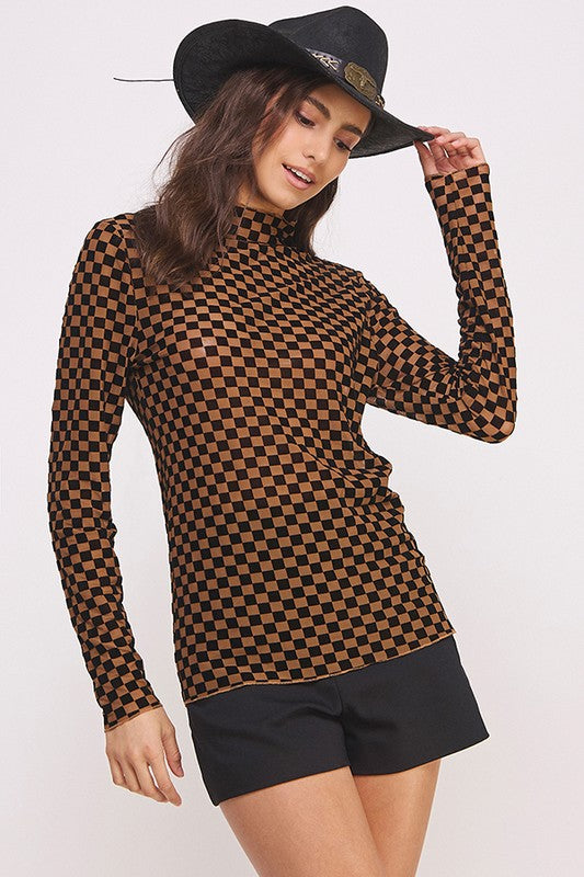 Checkered Mesh Mock Neck Top Mocha Black