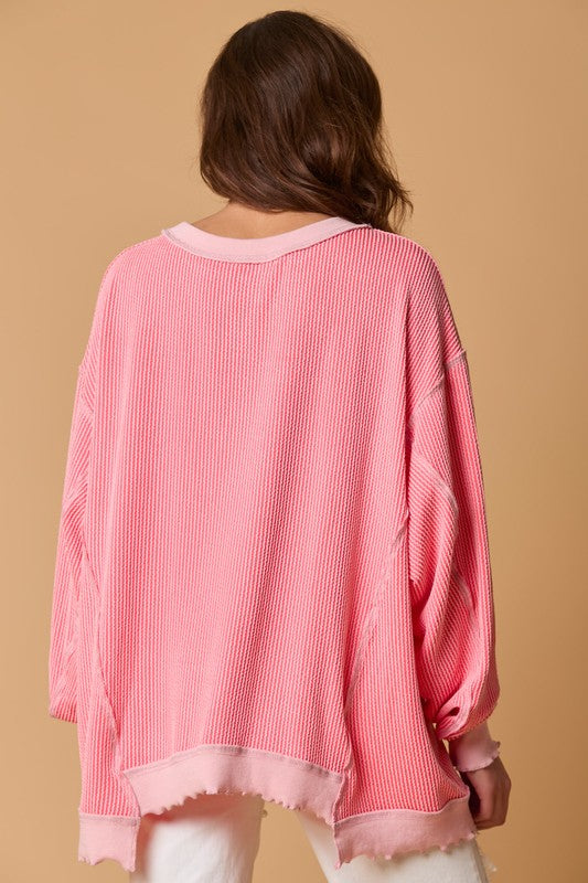 Ribbed Pullover w/Lettuce Trim Coral