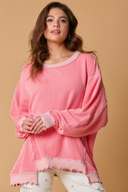 Ribbed Pullover w/Lettuce Trim Coral