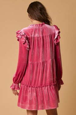 Velvet Shoulder Ruffle Mini Dress Pink