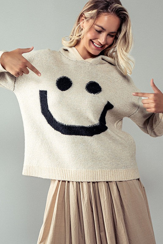 Joyful Smiley Knit Hoodie Beige