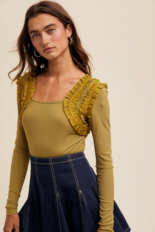 Shoulder Ruffle Long Sleeve Knit Top Lemon Grass