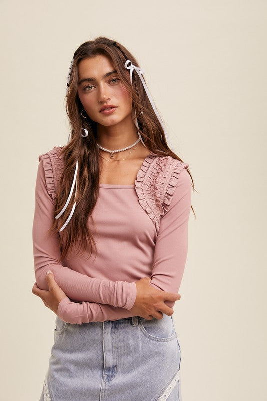 Shoulder Ruffle Long Sleeve Knit Top Dusty Rose