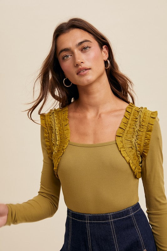 Shoulder Ruffle Long Sleeve Knit Top Lemon Grass