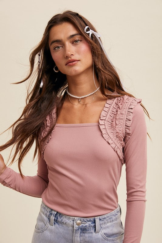 Shoulder Ruffle Long Sleeve Knit Top Dusty Rose