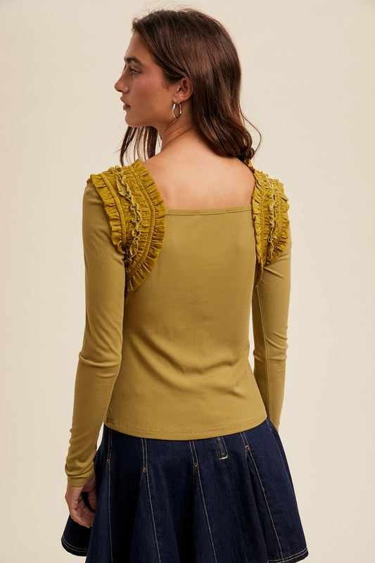 Shoulder Ruffle Long Sleeve Knit Top Lemon Grass