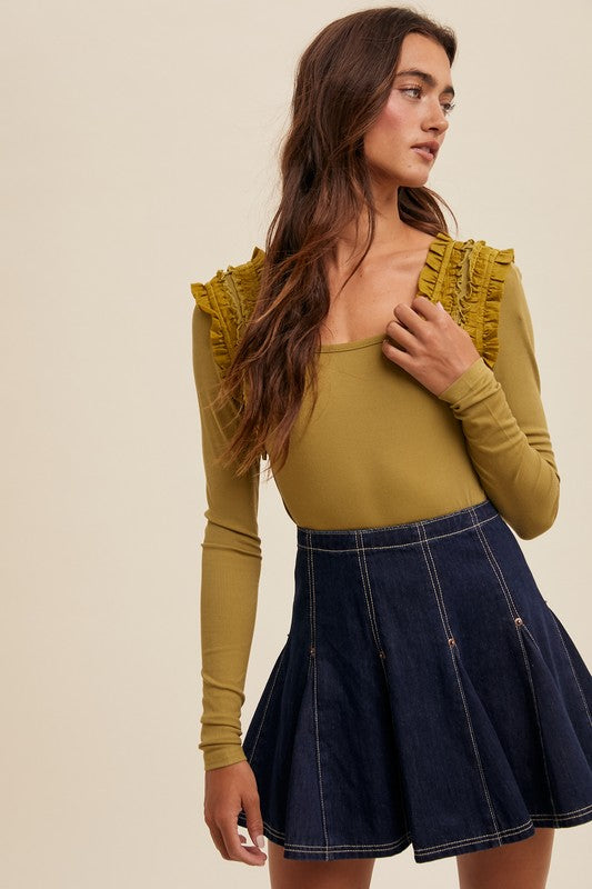 Shoulder Ruffle Long Sleeve Knit Top Lemon Grass