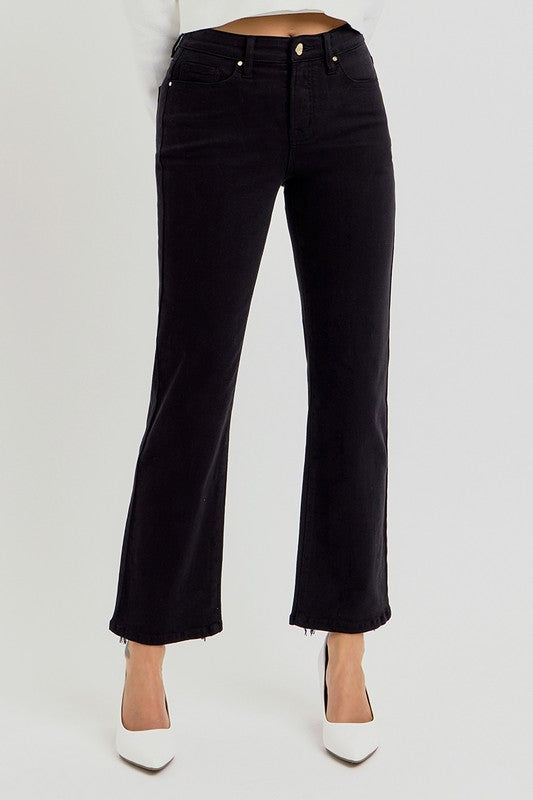 Elastic Band High Rise Crop Straight Pants Black