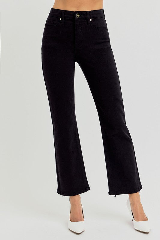 Elastic Band High Rise Crop Straight Pants Black