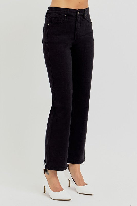 Elastic Band High Rise Crop Straight Pants Black