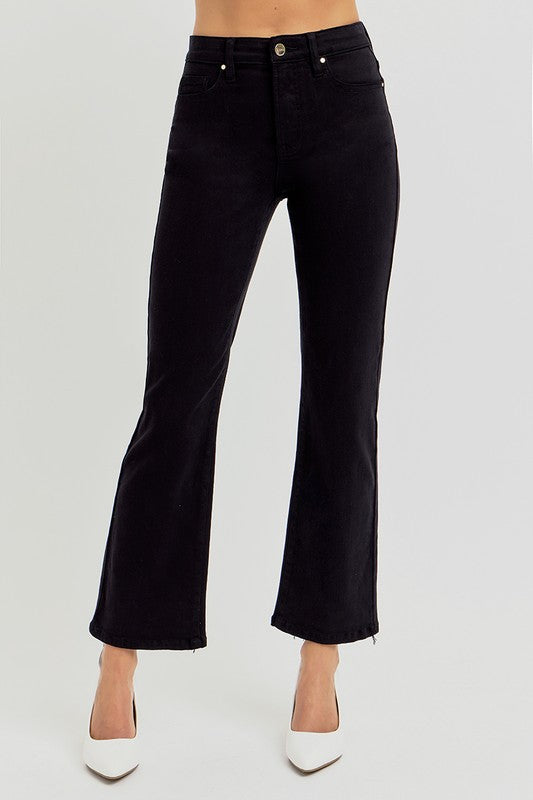 Elastic Band High Rise Crop Straight Pants Black