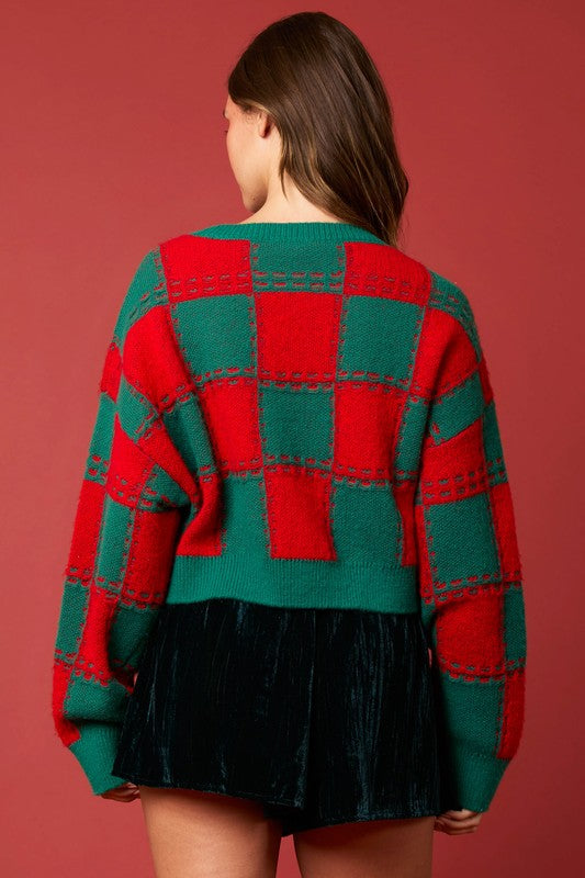 Stitch Detail Square Pattern Sweater Red Green