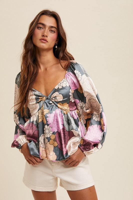 Floral Print Babydoll Top Teal