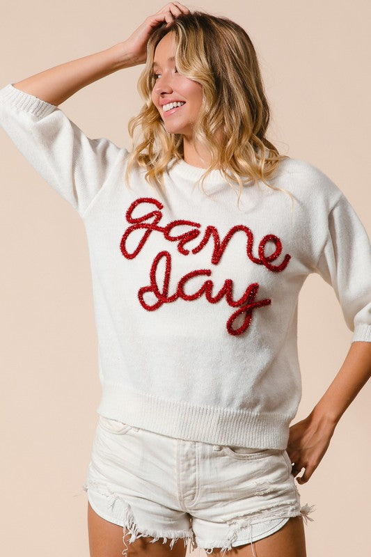 Game Day Metallic Letter Sweater Ivory/Red