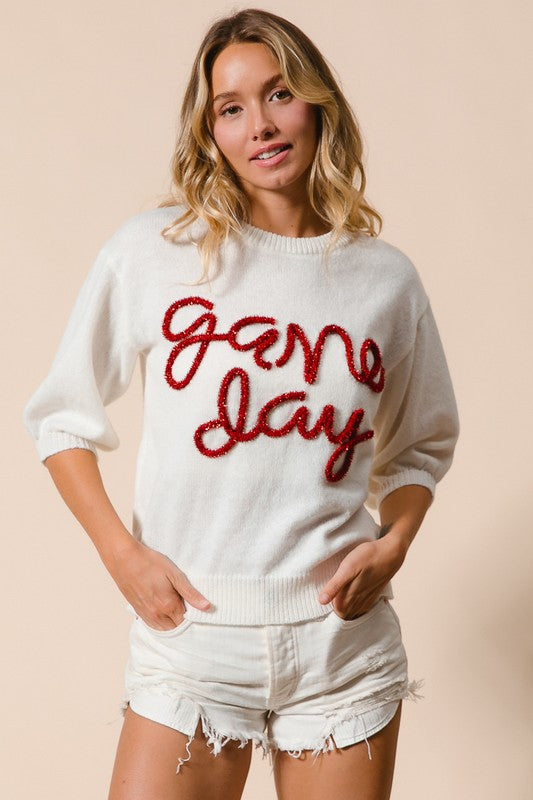 Game Day Metallic Letter Sweater Ivory/Red