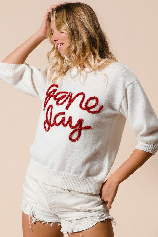 Game Day Metallic Letter Sweater Ivory/Red