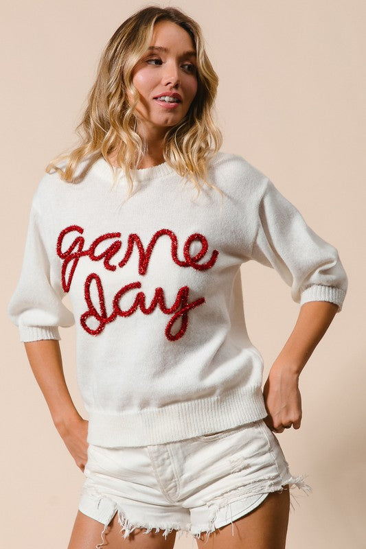 Game Day Metallic Letter Sweater Ivory/Red