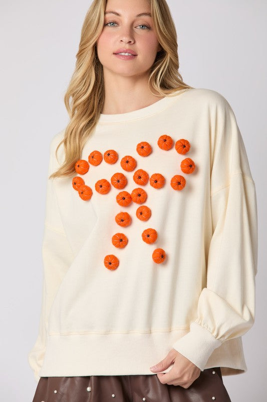 Bow Pattern 3D Pumpkin Sweater Cream